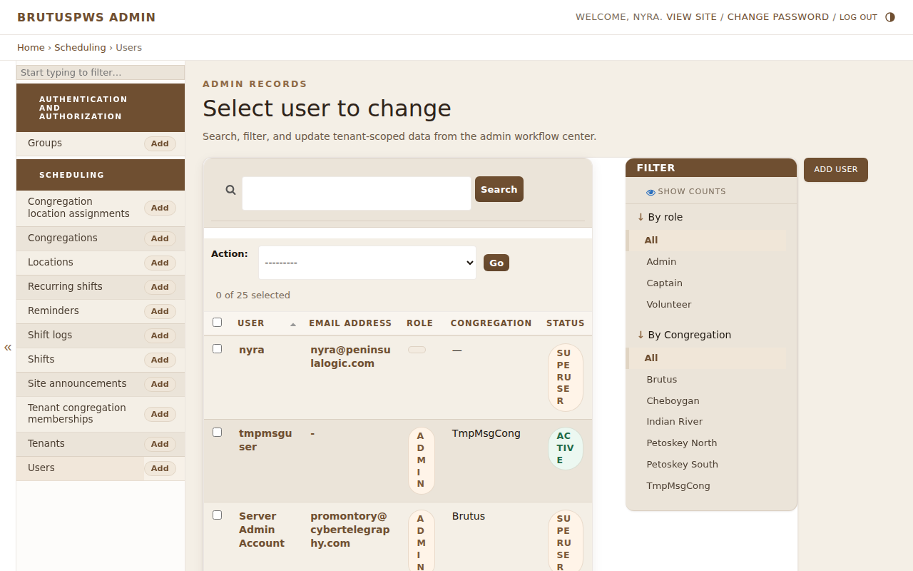 PWS Admin users page showing where congregation members are added and managed