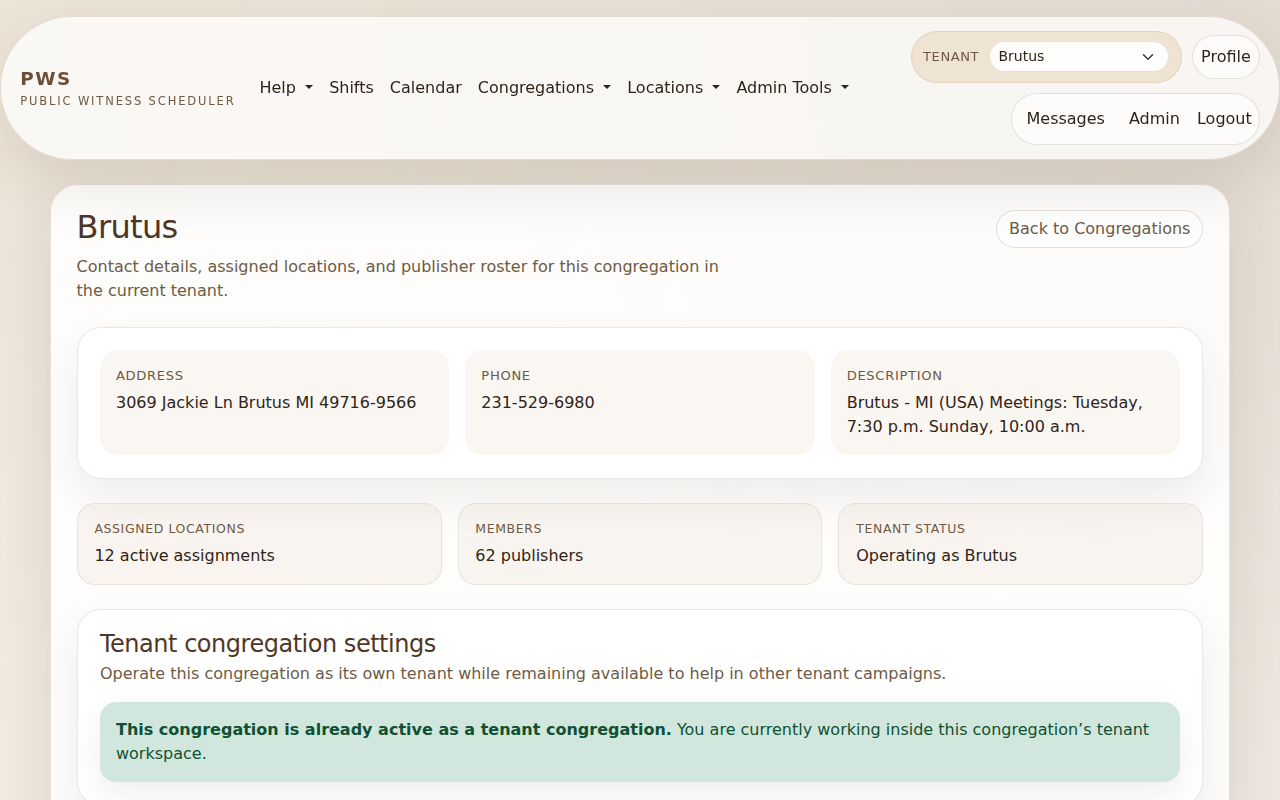 Congregation detail page showing tenant congregation settings