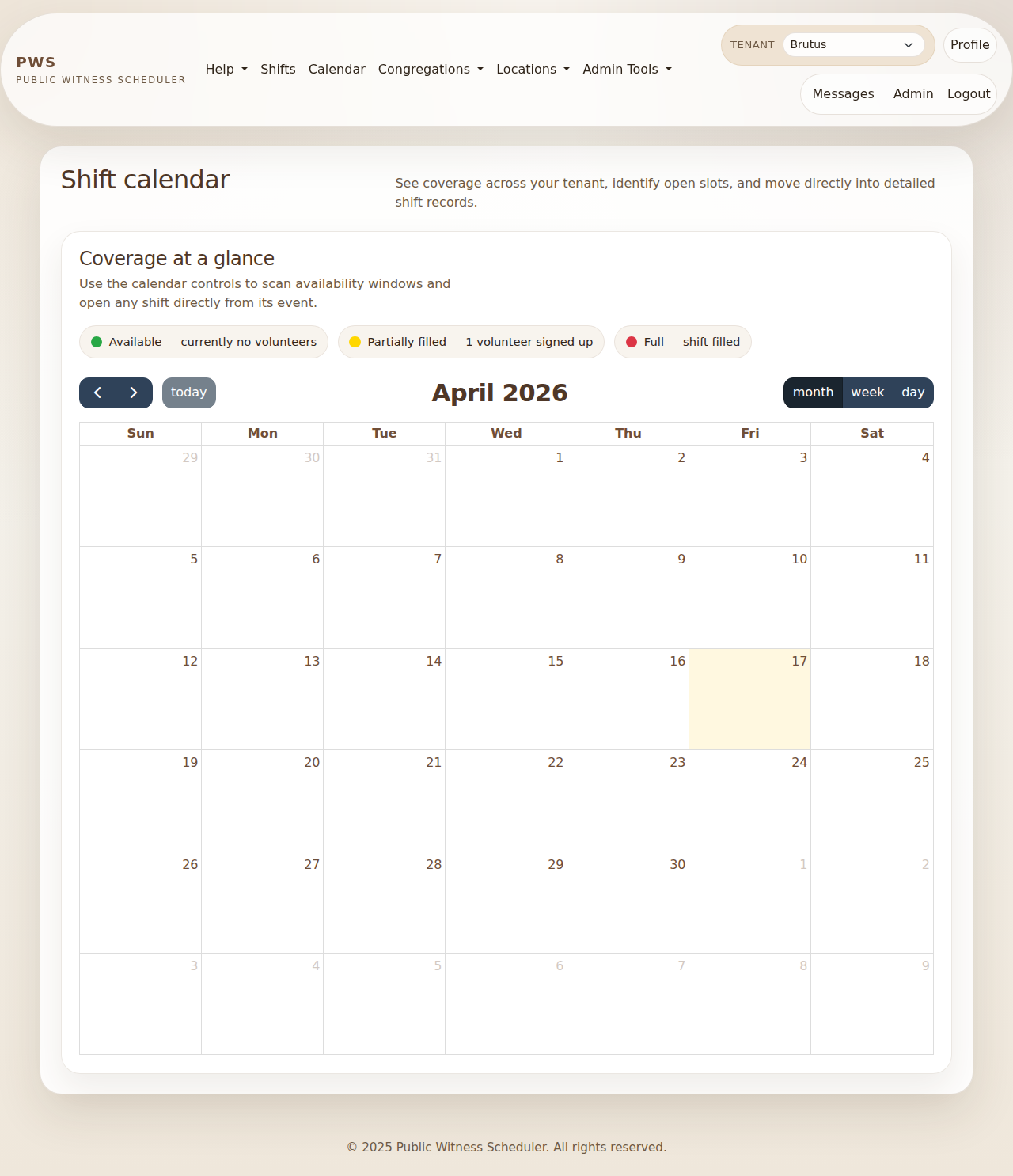 Shift calendar showing monthly view and coverage legend