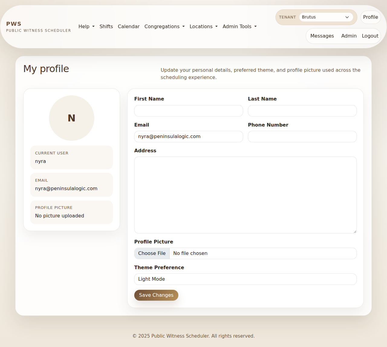 User profile page showing personal details and theme preference form