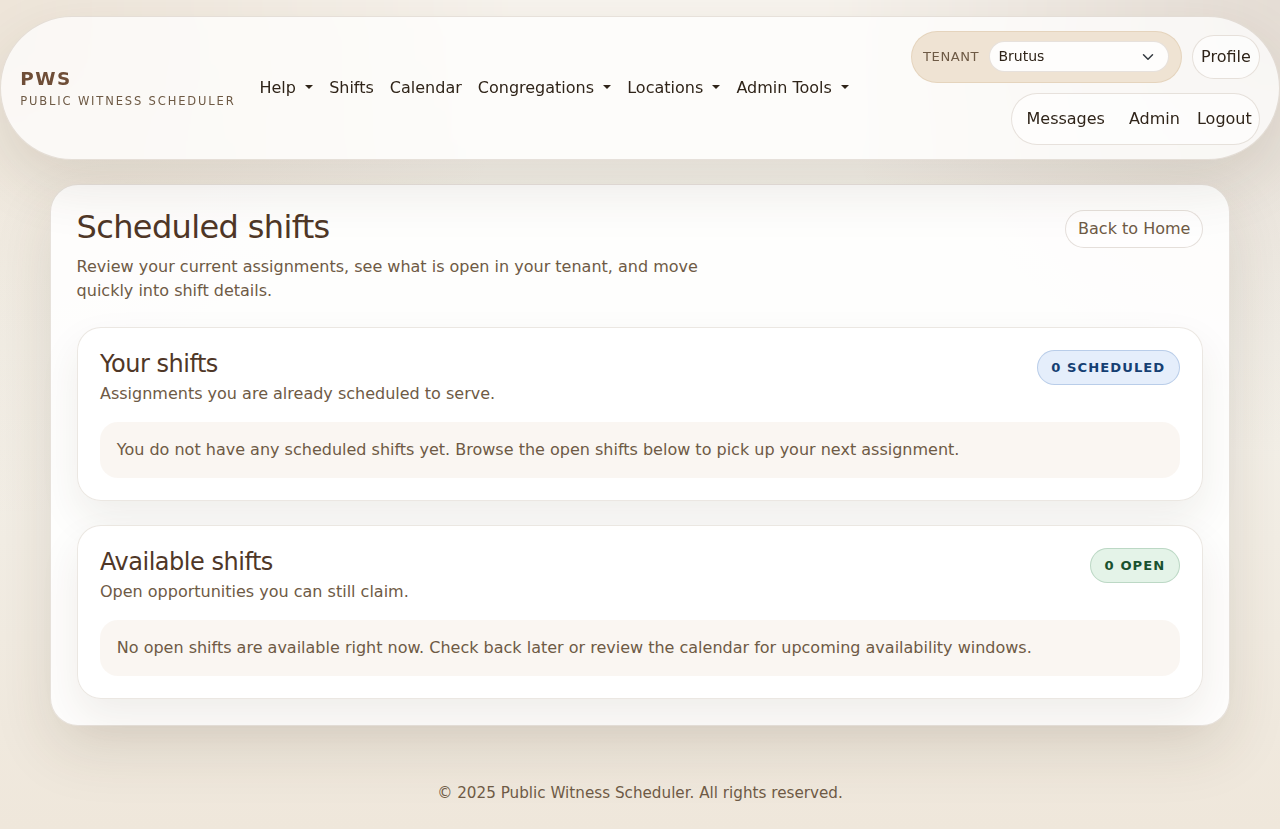 Scheduled shifts page showing assigned shifts and available shifts sections